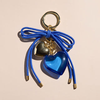 Blue Heart & Cord Bag Charm - Nickel & Suede