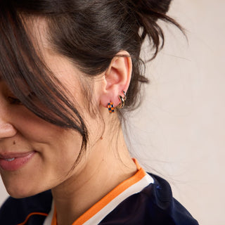 Blue & Orange Checkered Enamel Huggie Earrings - Nickel & Suede