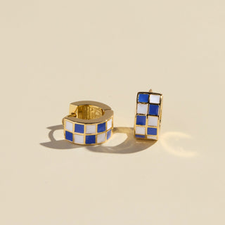 Blue & White Checkered Enamel Huggies - Nickel & Suede