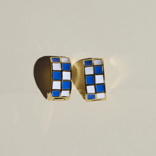 Blue & White Checkered Enamel Huggies - Nickel & Suede