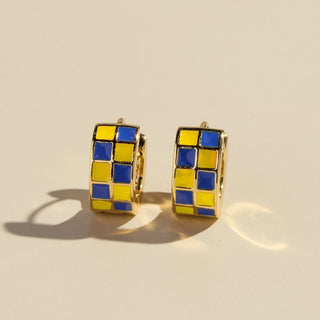 Blue & Yellow Checkered Enamel Huggie Earrings - Nickel & Suede