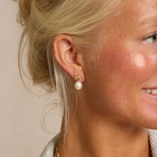 Bow and Pearl Stud Earrings - Nickel & Suede