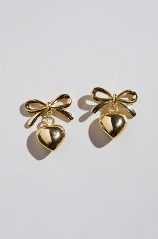 Bow & Heart Drop Earrings - Nickel & Suede