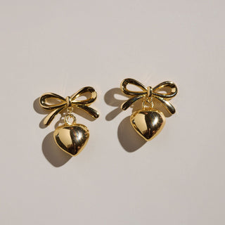 Bow & Heart Drop Earrings - Nickel & Suede