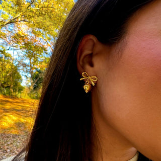 Bow & Heart Drop Earrings - Nickel & Suede