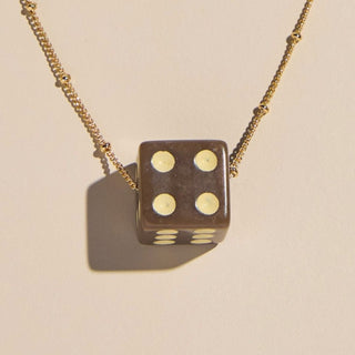 Brown Dice Charm Necklace - Nickel & Suede