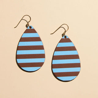 Brown Sideways Stripe Teardrop Leather Earrings - Nickel & Suede