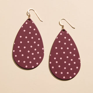 Burgundy Polka Dot Teardrops - Nickel & Suede