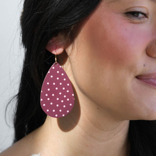 Burgundy Polka Dot Teardrops - Nickel & Suede