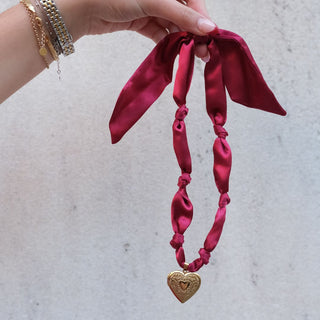 Burgundy Satin Scarf Necklace - Nickel & Suede