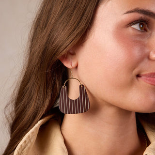 Chocolate Brown Pinstripe Nora Leather Hoop Earrings - Nickel & Suede