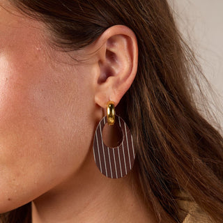 Chocolate Brown Pinstripe Olivia Leather Hoop Earrings - Nickel & Suede