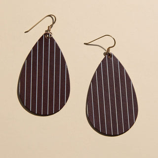 Chocolate Brown Pinstripe Teardrop Leather Earrings - Nickel & Suede