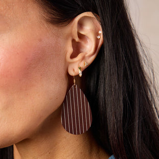 Chocolate Brown Pinstripe Teardrop Leather Earrings - Nickel & Suede