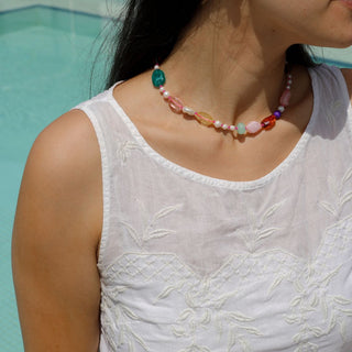 Chunky Pearl & Stone Beaded Necklace - Nickel & Suede