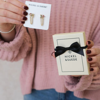 Classic Baguette Chain Drop Studs - Nickel & Suede