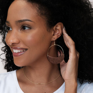 Cocoa Metallic Aster Leather Hoop Earrings - Nickel & Suede