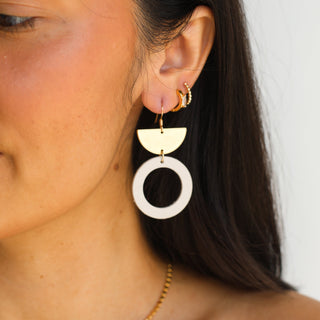 Cream Geometric Leather and Metal Drop Earrings - Nickel & Suede