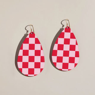 Crimson & Pink Checkmate Teardrops - Nickel & Suede