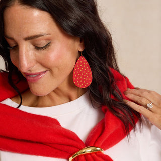 Crimson Shimmer Polka Dot Teardrop Leather Earrings - Nickel & Suede