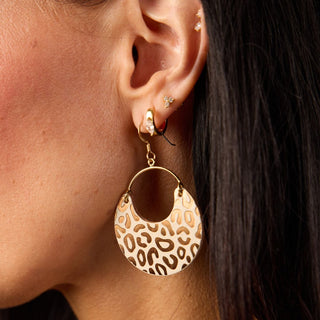 Ecru and Bronze Posh Leopard Nina Leather Hoop Earrings - Nickel & Suede