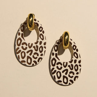 Ecru and Bronze Posh Leopard Olivia Leather Hoop Earrings - Nickel & Suede