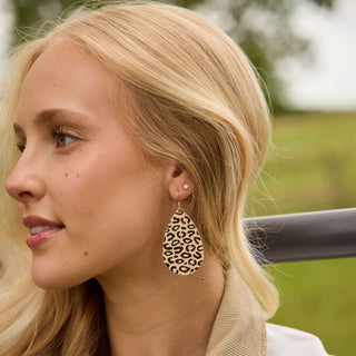 Ecru and Bronze Posh Leopard Teardrop Leather Earrings - Nickel & Suede