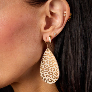 Ecru and Bronze Posh Leopard Teardrop Leather Earrings - Nickel & Suede