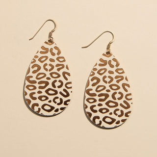 Ecru and Bronze Posh Leopard Teardrop Leather Earrings - Nickel & Suede