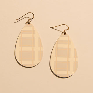 Ecru Cream Tartan Teardrop Leather Earrings - Nickel & Suede