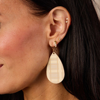 Ecru Cream Tartan Teardrop Leather Earrings - Nickel & Suede