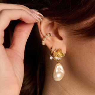 Flower and Pearl Statement Drop Studs - Nickel & Suede