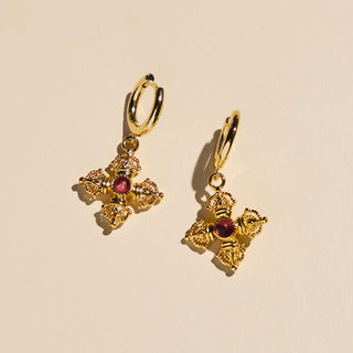 Gold Baroque Cross Huggie Earrings - Nickel & Suede