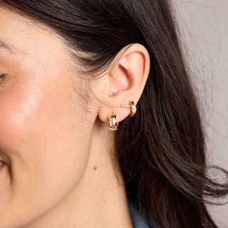 Gold Classic Baguette Bezel Huggies - Nickel & Suede