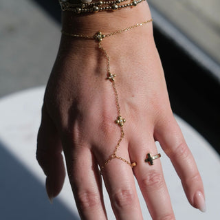 Gold Flower Hand Chain Bracelet - Nickel & Suede
