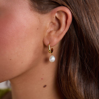 Gold Pearl Drop Hoops - Nickel & Suede