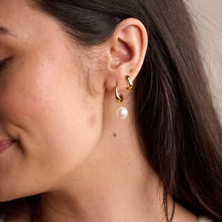 Gold Pearl Drop Hoops - Nickel & Suede