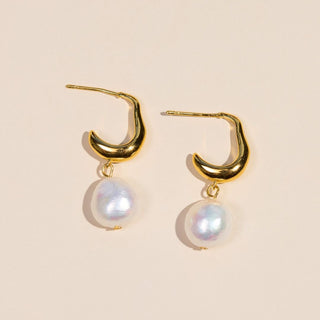 Gold Pearl Drop Hoops - Nickel & Suede