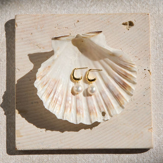 Gold Pearl Drop Hoops - Nickel & Suede