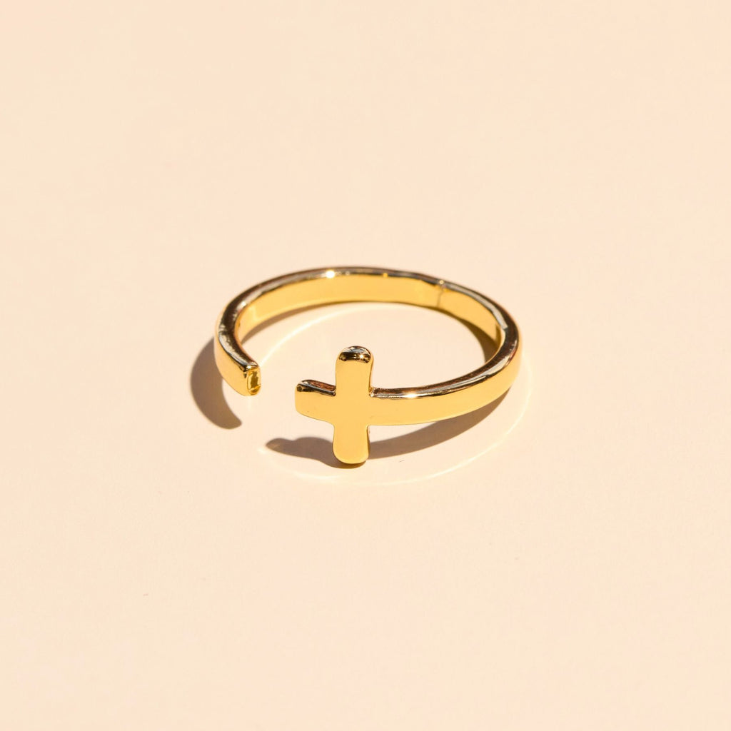 Gold Sideways Cross Ring | Nickel & Suede