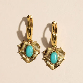 Gold Turquoise Bezel Waterproof Heart Huggie Earrings - Nickel & Suede