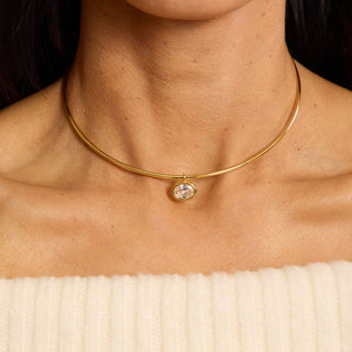 Gold Waterproof Crystal Oval Pendant Collar Necklace - Nickel & Suede