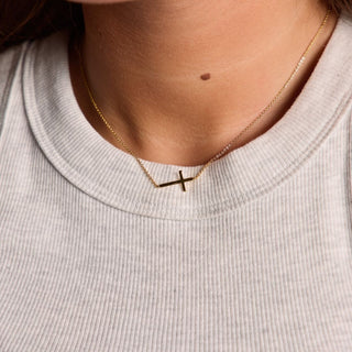 Gold Waterproof Sideways Cross Necklace - Nickel & Suede