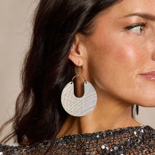 Gray Metallic Lattice Leo Leather Statement Hoop Earrings - Nickel & Suede