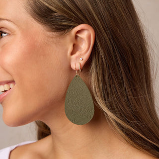 Green Fatigue Leather Teardrop Earrings - Nickel & Suede