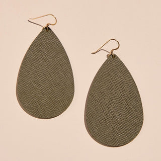 Green Fatigue Leather Teardrop Earrings - Nickel & Suede