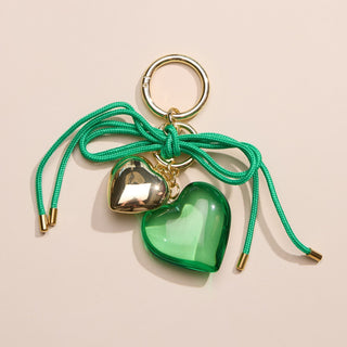 Green Heart & Cord Bag Charm - Nickel & Suede