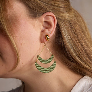 Green Palm Rio Crescent Statement Earrings - Nickel & Suede