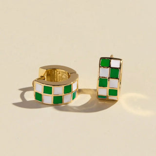 Green & White Checkered Enamel Huggies - Nickel & Suede