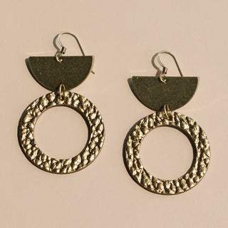 Hammered Gold Geometric Leather and Metal Drop Earrings - Nickel & Suede